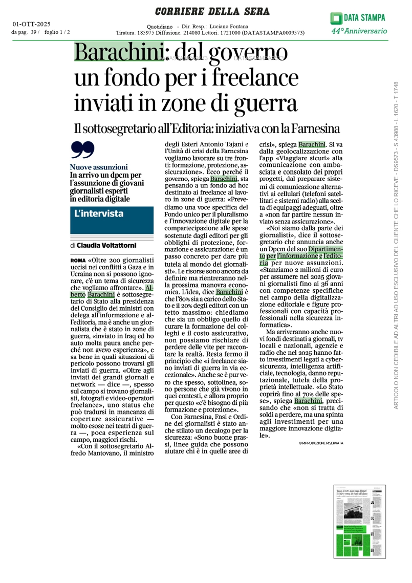 Intervista al Corriere della Sera del 1 ottobre 2025